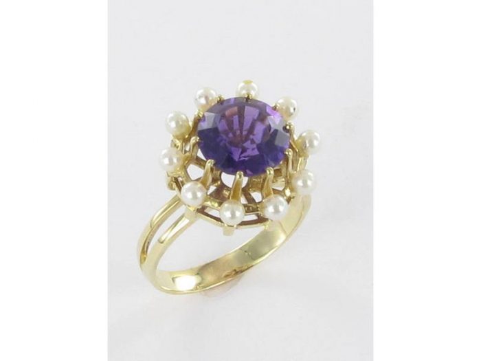 Damenring Gelbgold 585 Zuchtperlen & Amethyst